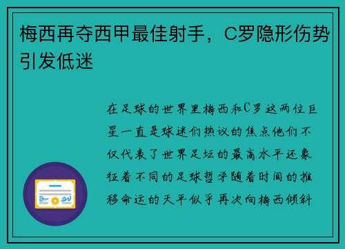 梅西再夺西甲最佳射手，C罗隐形伤势引发低迷