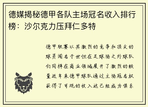 德媒揭秘德甲各队主场冠名收入排行榜：沙尔克力压拜仁多特