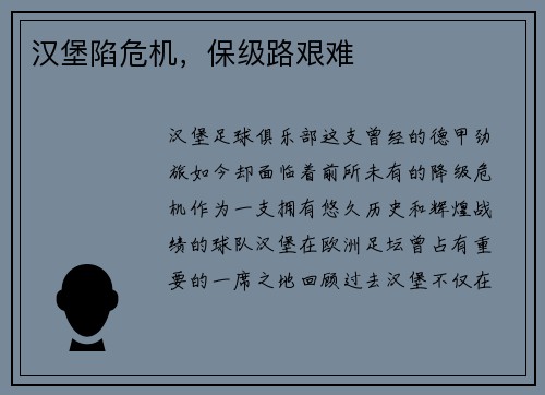 汉堡陷危机，保级路艰难