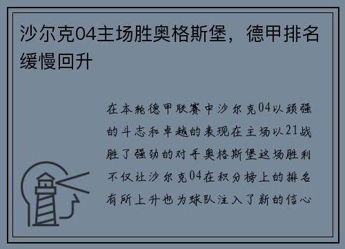 沙尔克04主场胜奥格斯堡，德甲排名缓慢回升