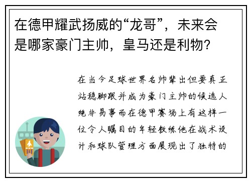 在德甲耀武扬威的“龙哥”，未来会是哪家豪门主帅，皇马还是利物？