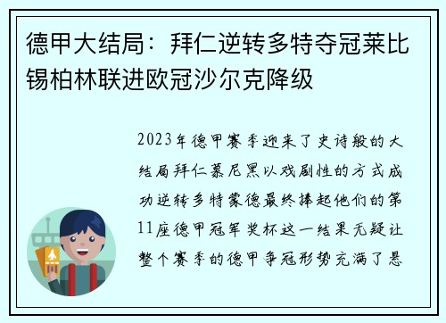 德甲大结局：拜仁逆转多特夺冠莱比锡柏林联进欧冠沙尔克降级