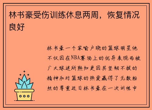 林书豪受伤训练休息两周，恢复情况良好