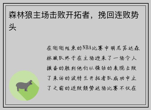 森林狼主场击败开拓者，挽回连败势头
