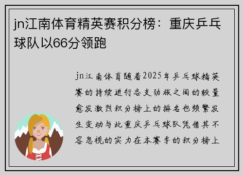 jn江南体育精英赛积分榜：重庆乒乓球队以66分领跑