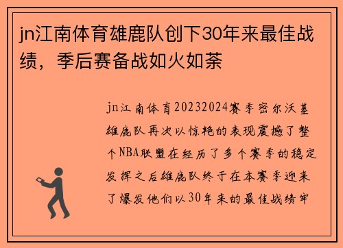 jn江南体育雄鹿队创下30年来最佳战绩，季后赛备战如火如荼